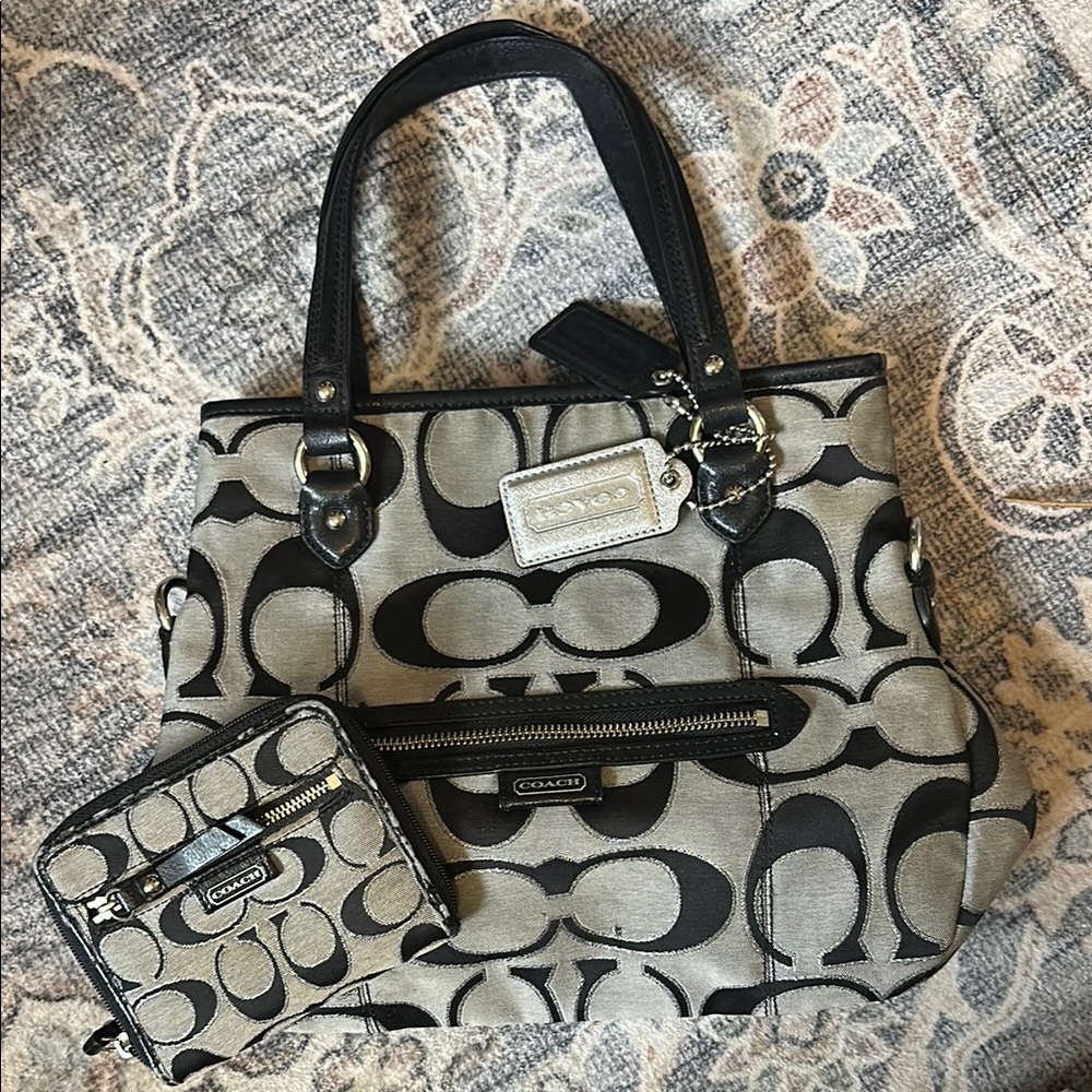 Coach Black and Gray Signature Shoulder Bag + Wallet